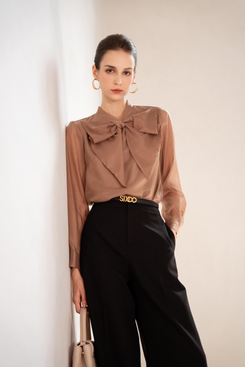 Brown Bow-tie Organza Blouse