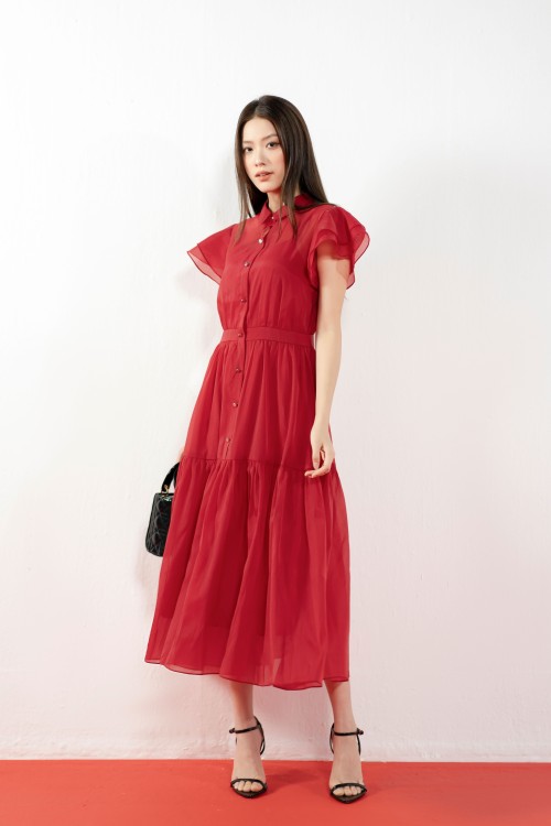 Red Organza Midi Dress