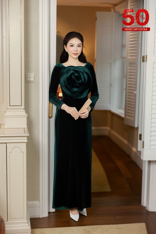 Dark Green 3D Flower Velvet Ao Dai