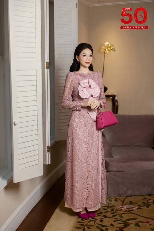 Light Murrey 3D Flower Lace Ao Dai