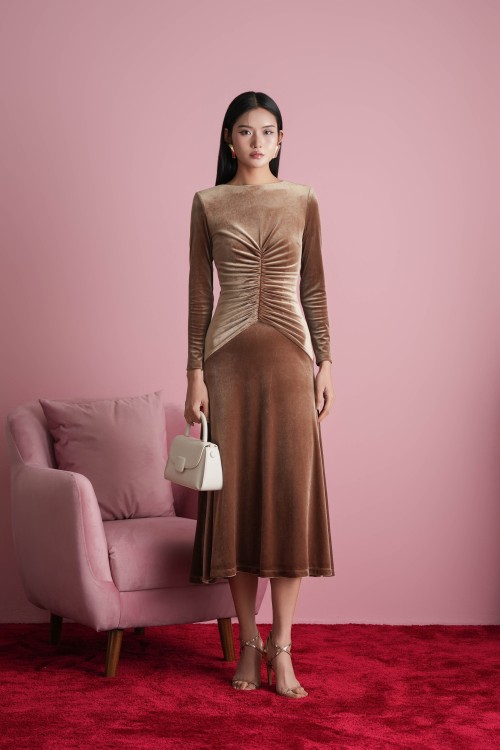 Bronze Velvet Flared Dress