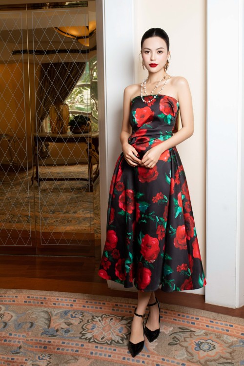 Black Floral Print Taffeta Dress