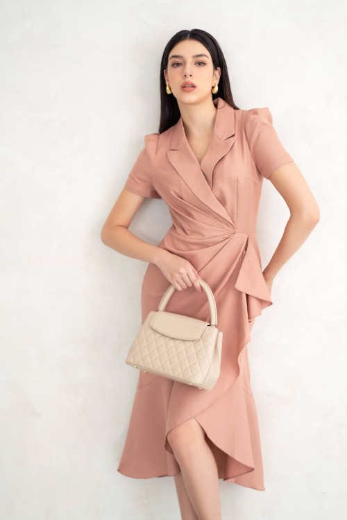 Salmon V-neck Raw Midi Dress