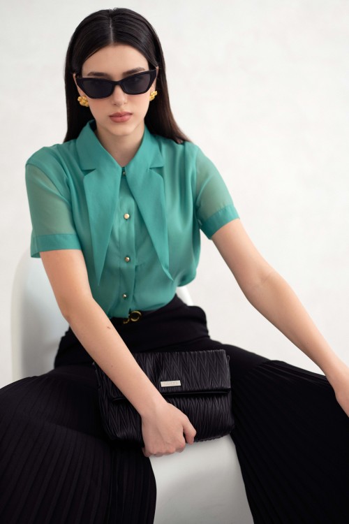 Green Short Sleeves Organza Shirt