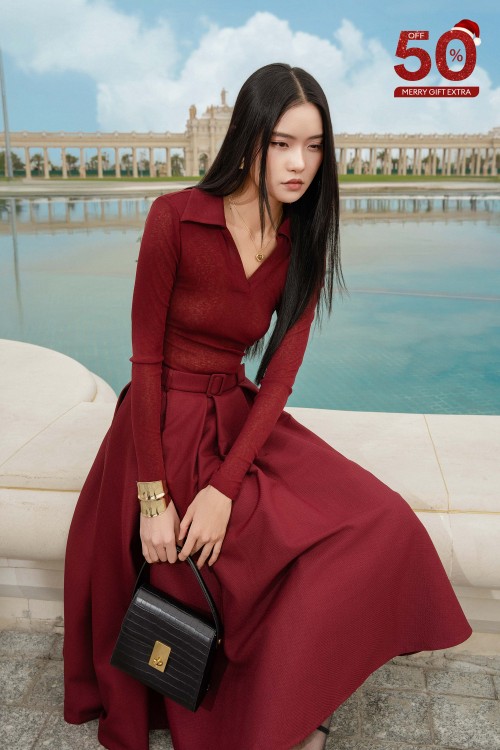 Dark Red Raw Flared Skirt