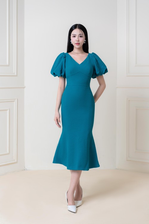 Dark Turquoise Mermaid Midi Woven Dress