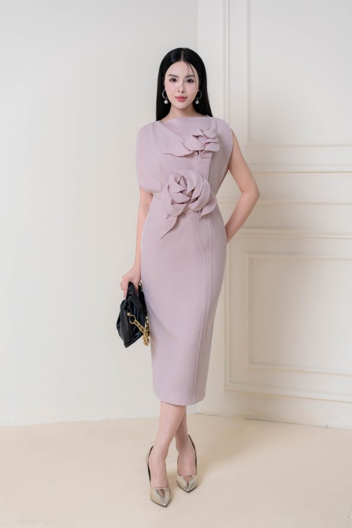 3D Flower Woven Midi Dress0