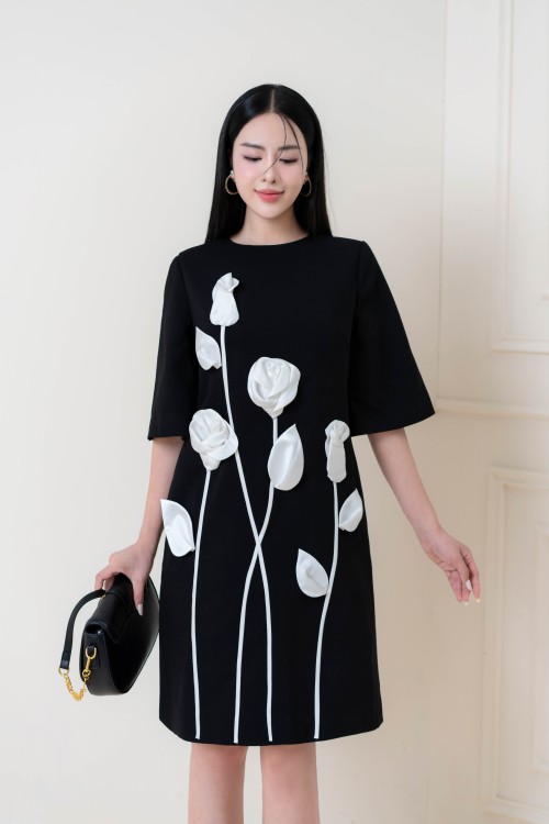 Black 3D Flower Woven Loose Dress