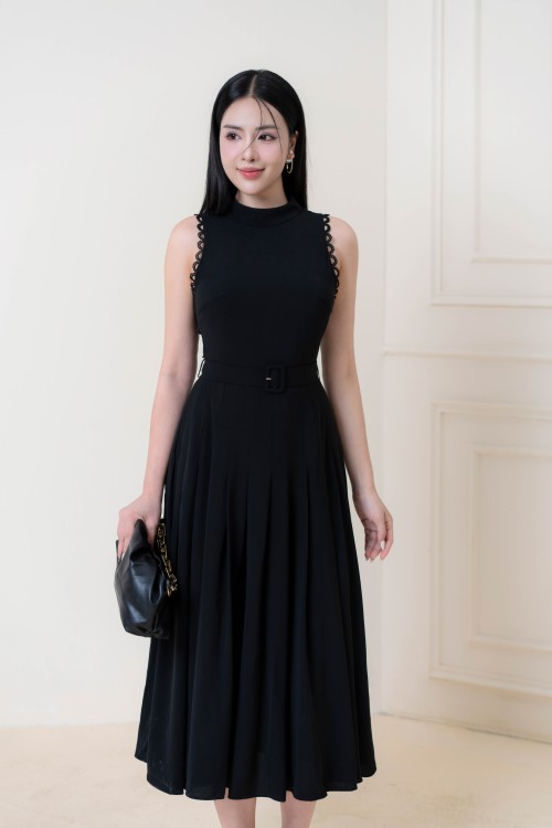 Black Pleated Midi Silk Dress