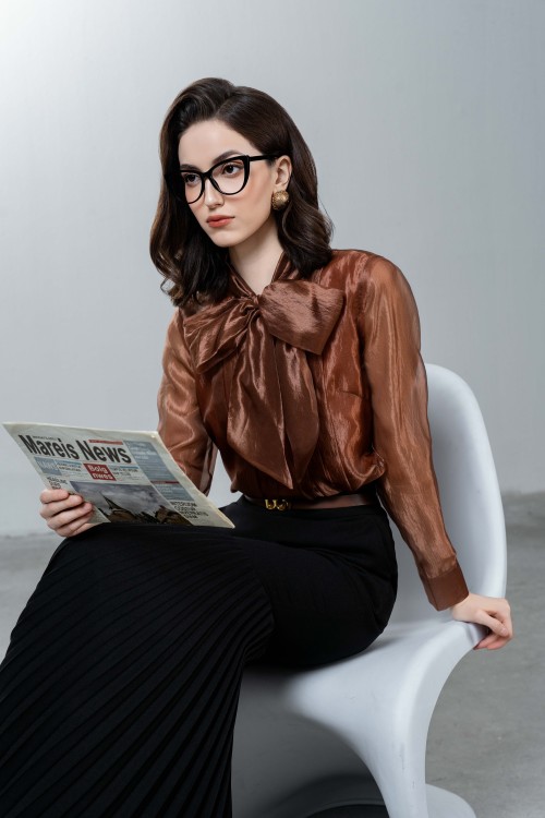 Brown Bow-tie Organza Shirt