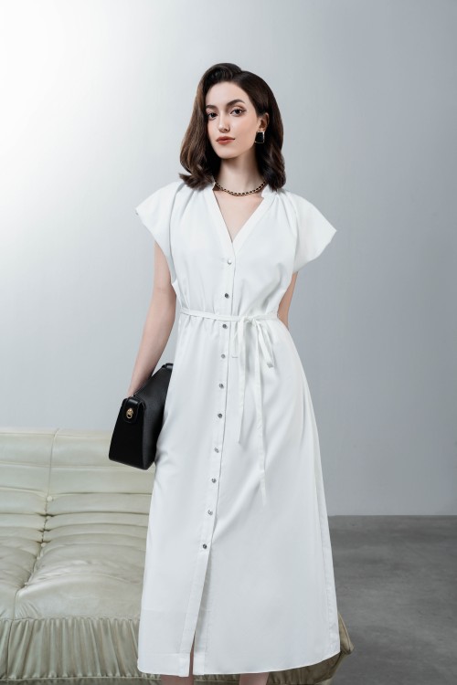 White V-neck Woven Midi Dress