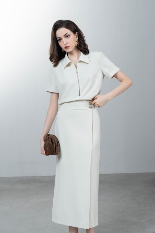 Cream Straight Woven Midi Skirt