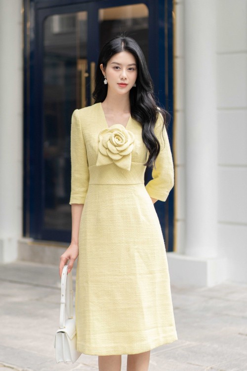 Neon Yellow Midi Tweed Dress With Flower