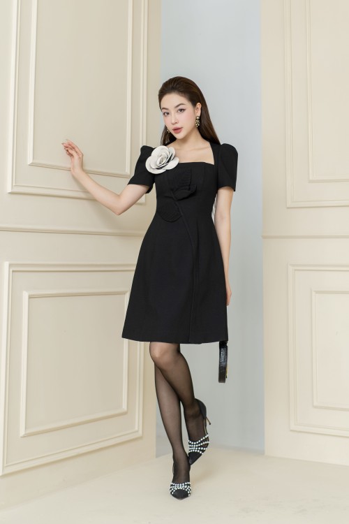 Black Square Neck Mini Raw Dress