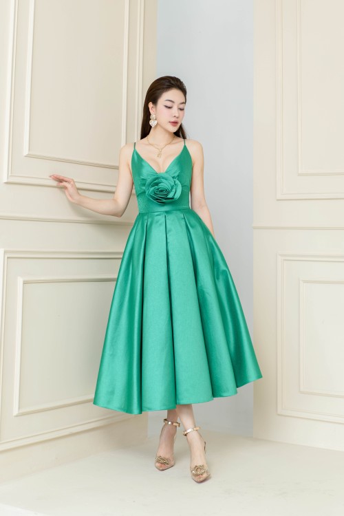 Plunging Midi Taffeta Dress