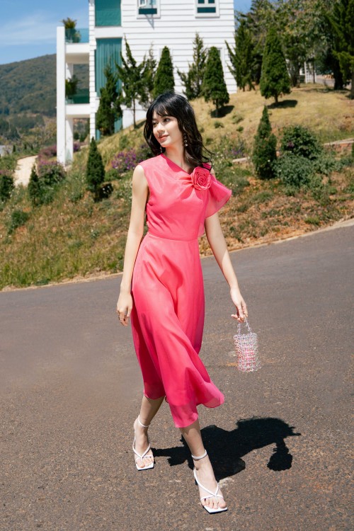 Magenta Midi Dress With Flower