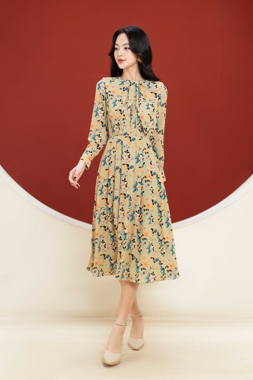 Green Nuggets Floral Midi Chiffon Dress