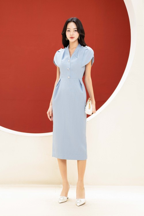 Light Blue Tulip Sleeves Midi Woven Dress