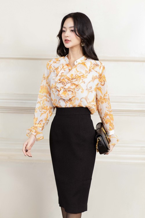 White Baroque Print Voile Shirt