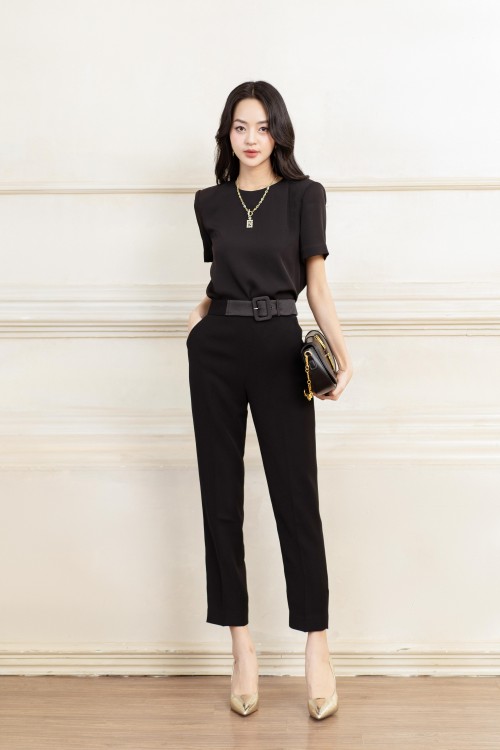 Black Woven Pants With Belt