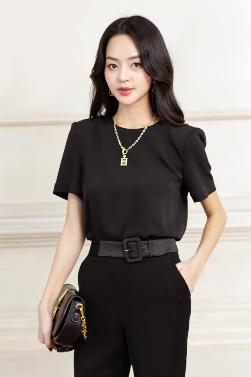 Black Round Neck Silk Top