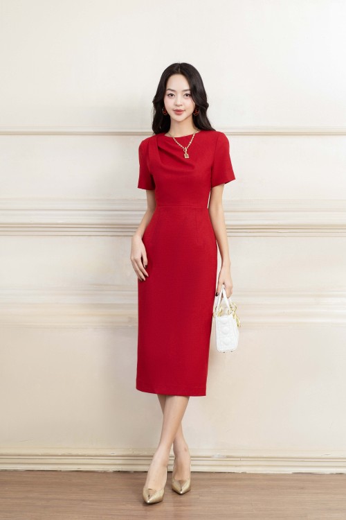 Dark red Split-back Midi Raw Dress