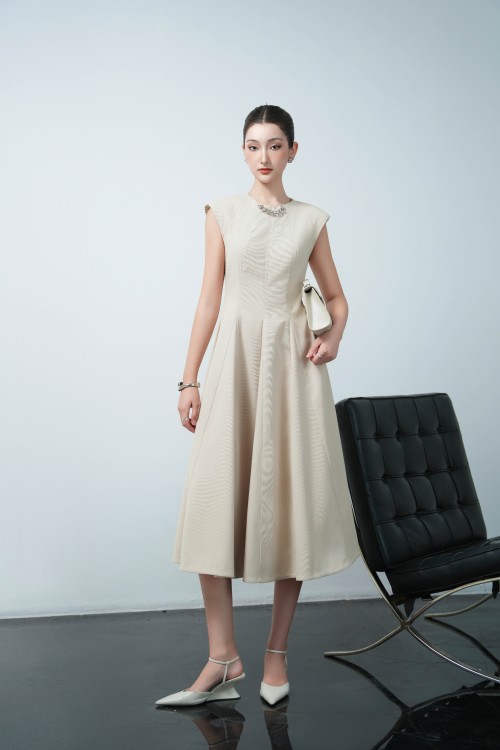 Beige Raw Flared Dress