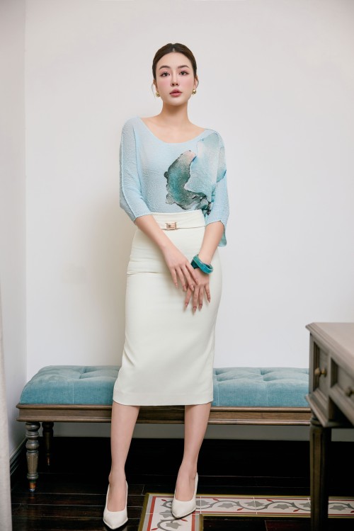 Cream Straight Woven Midi Skirt