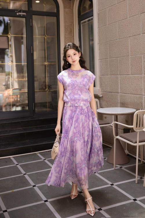 Purple Peony Organza Flared Skirt