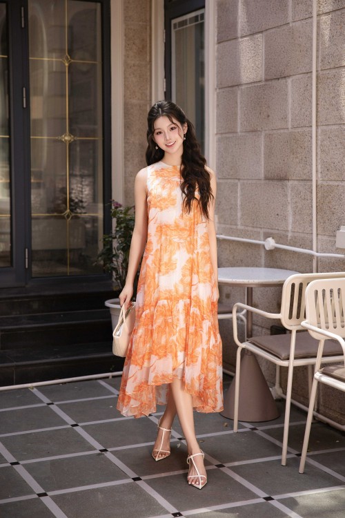 Orange Peony Organza Flared Dress