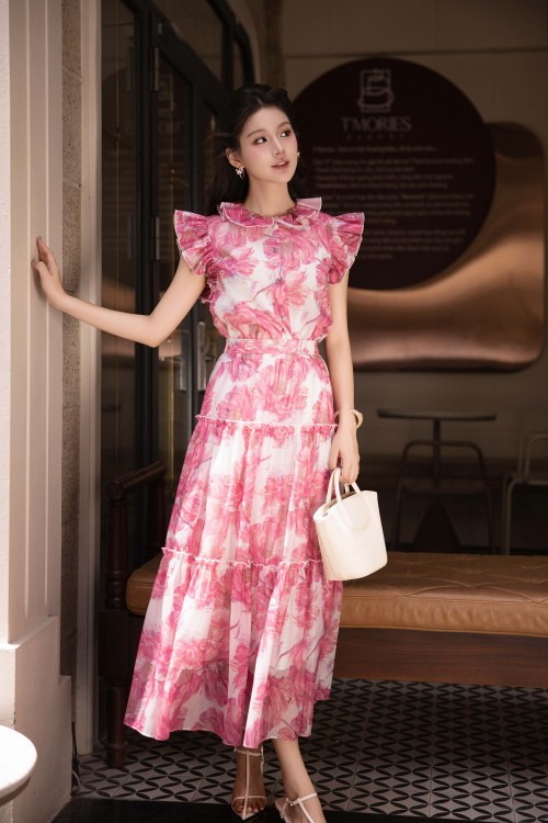 Pink Peony Organza Flared Skirt
