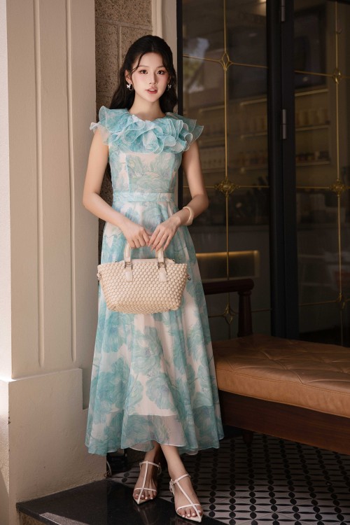 Light Blue Voile Flared Dress