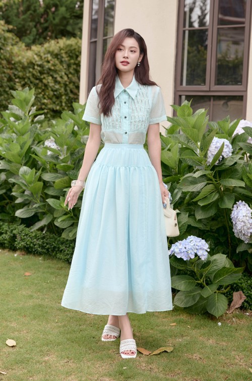 Blue Organza Flared Skirt