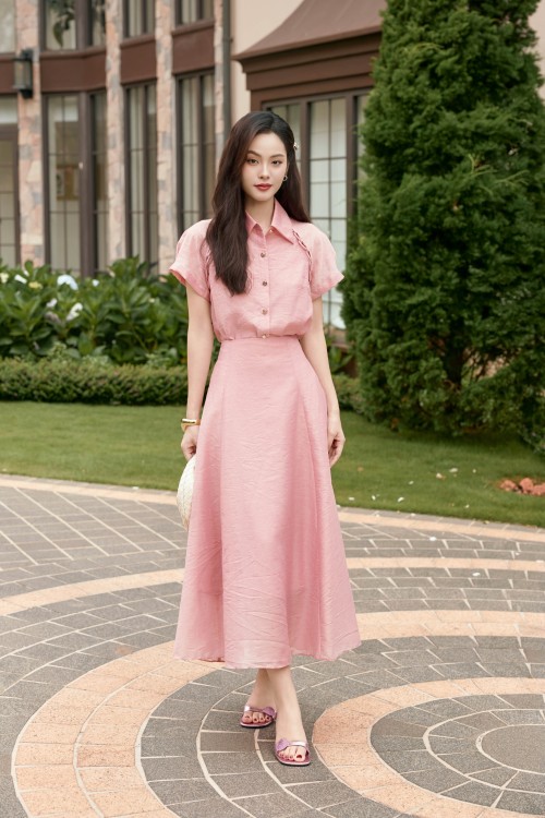 Pink Organza Flared Skirt