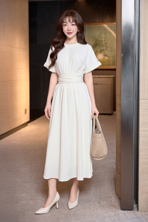 Cream Woven Flared Dress