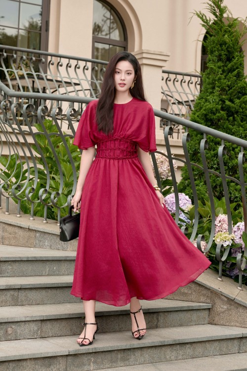 Dark Red Organza Flared Dress