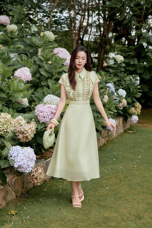 Light Green Nuggets Organza Flared Dress