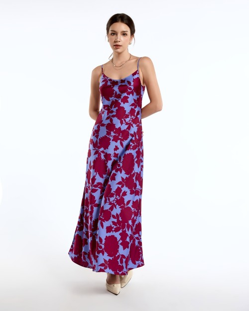 SIXDO G-Blue Floral Silk Sleeveless Dress for Women