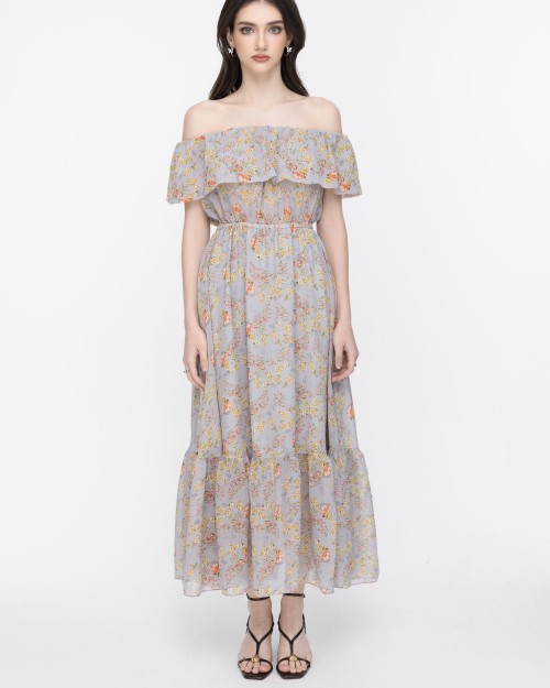 SIXDO Floral Off-Shoulder Maxi Voile Dress