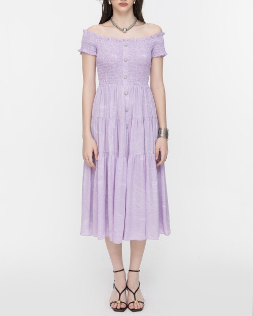 SIXDO Floral Off-Shoulder Midi Chiffon Dress