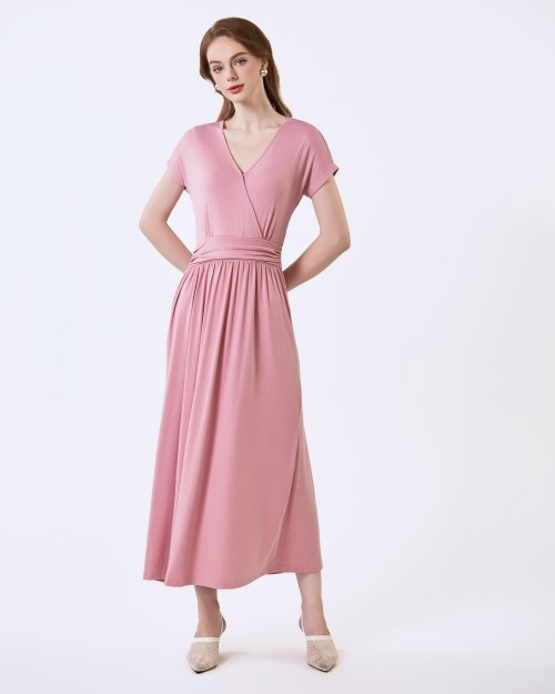 SIXDO G-Pink V-Neck Woven Flared Dress