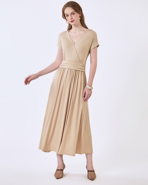 SIXDO G-Beige V-Neck Woven Flared Dress