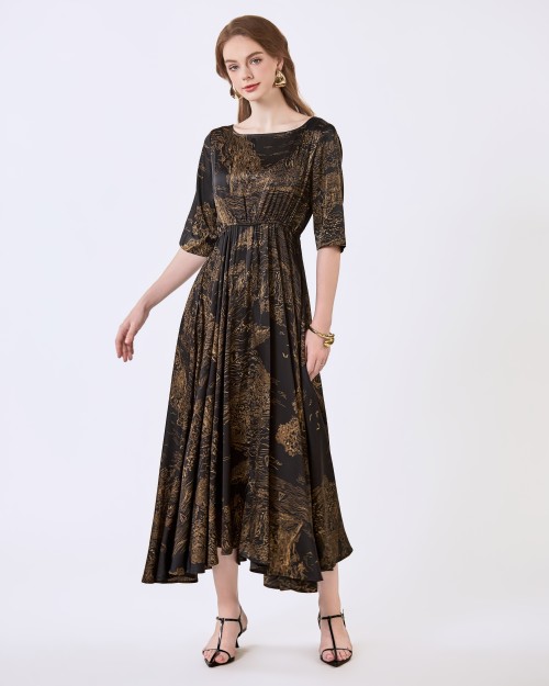 SIXDO G-Black Wide Neck Woven Flared Dress