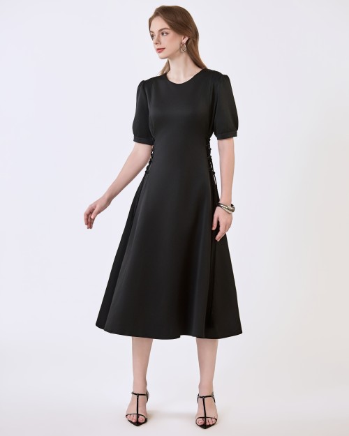 G-Black Short Sleeves Woven Flared Dress