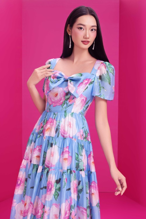 Sixdo Blue Floral Organza Flared Dress