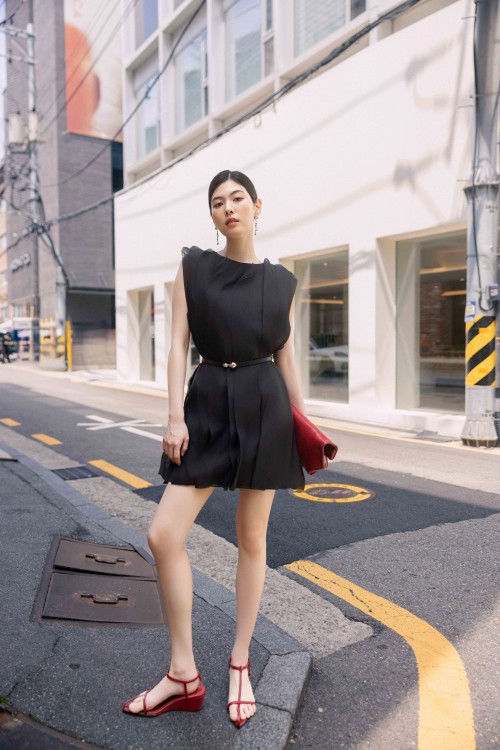 Sixdo Black Organza Mini Dress With Belt