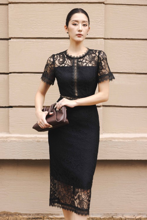 Sixdo Black Lace Pencil Dress