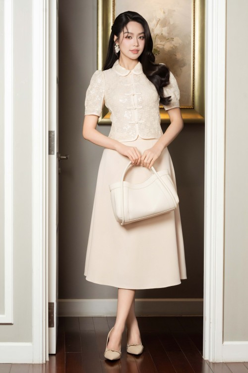 Sixdo Beige Woven Flared Skirt