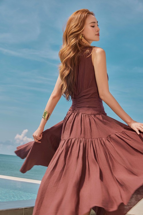 Sixdo Dark Brown Linen Flared Dress