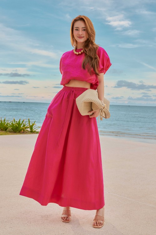 Sixdo Magenta Linen Flared Skirt